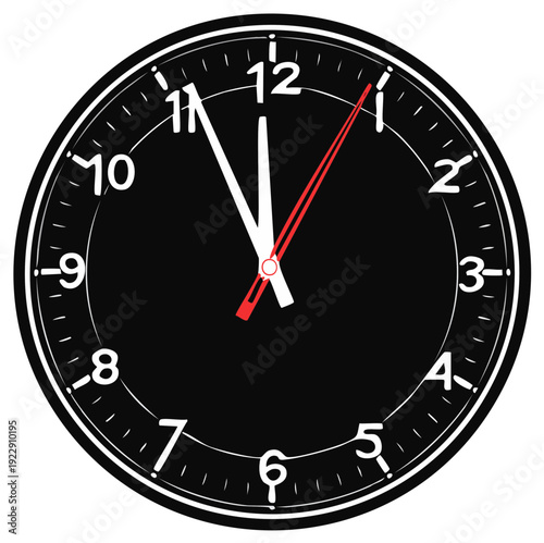 Modern Black Analog Clock Face Showing Almost Midnight or Noon Time