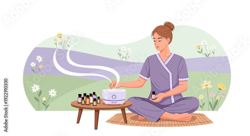 Woman using essential oil diffuser in nature, aromatherapy and relaxation