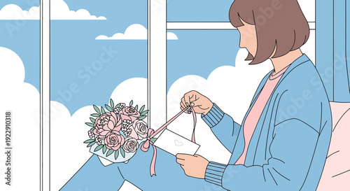 Woman Unpacking Flower Bouquet and Card by Window with Clouds