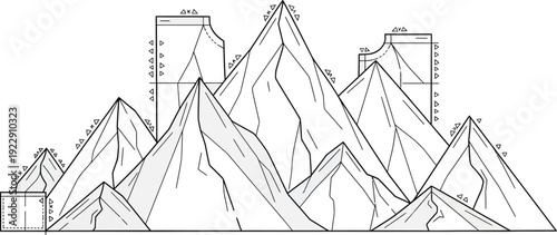 A line drawing depicts a rugged mountain range silhouette overlaid with technical architectural measurements and elevation markers for planning purposes.