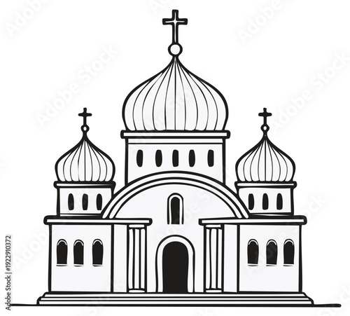 Ornate Eastern Orthodox Church with Domes and Crosses Architectural Illustration