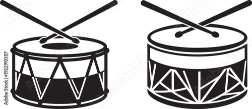 Two traditional drums with drumsticks, percussion musical instrument set, black and white vector art
