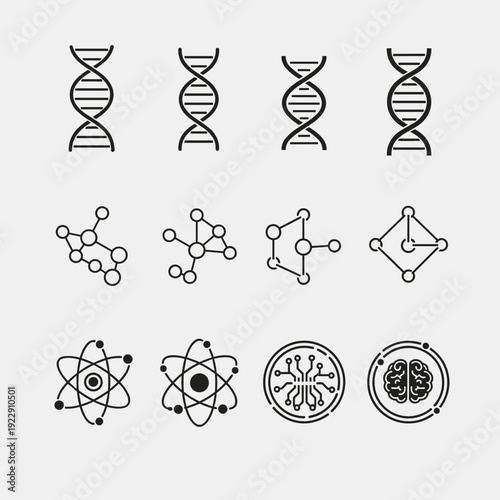 Science and DNA Icon Set Vector – Genetics, Molecule and Atom Line Symbol Collection