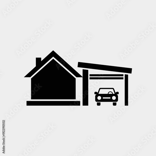 House with Garage Icon Vector – Home and Car Parking Silhouette Illustration