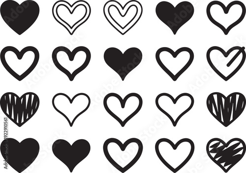 A collection of diverse black and white heart icons, including solid, outlined, and sketched styles for love and emotion themes.