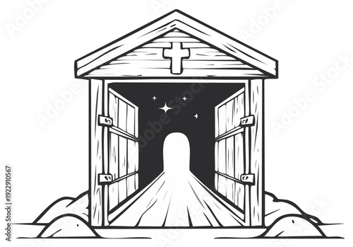 Wooden structure with open doors revealing a starry passage and a cross symbol