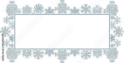 Elegant rectangular frame decorated entirely with intricate frosty blue snowflake patterns provides a delicate winter border for text.