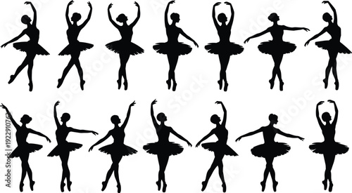 Silhouette ballerinas dancing, classical ballet poses, pirouettes, arabesques, pliés, graceful movement, tutus, elegance, discipline, performance art, expressive posture