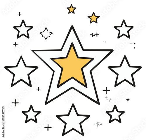 Starry Charm: An Ensemble of Outlined Stars Radiating Around a Central Golden Star, Symbolizing Success and Aspiration