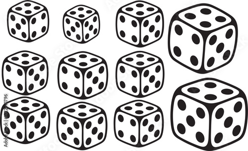 Group of playful black and white dice illustrations in various sizes and perspectives, symbolizing chance and games.