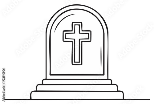 Gravestone Graphic Outline Design Featuring Religious Cross Standing on Steps For Memorial Day
