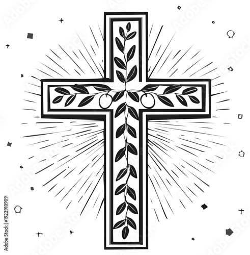 Black and white cross with foliage and radial lines