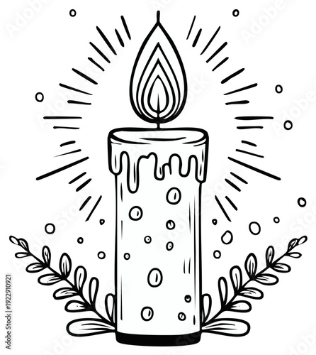 Hand Drawn Candle Illustration with Glowing Light and Decorative Leaves