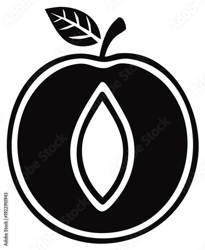 Stylized Black and White Icon of a Halved Plum with Leaf