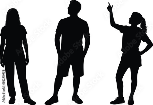 Silhouette group of people standing, diverse postures, pointing gesture, individuality, unity, teamwork, fashion variation, minimal design, communication, expression