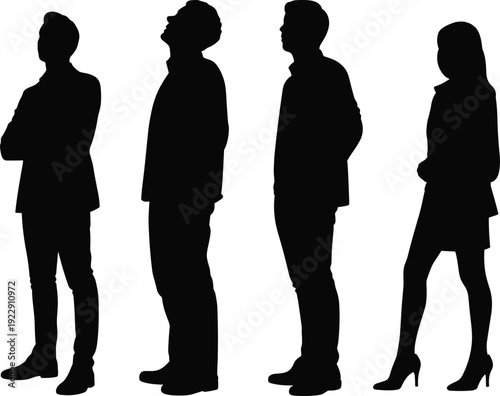 Silhouette group of diverse people, standing together, individuality, posture variation, fashion differences, teamwork, diversity, unity, professional roles, minimal design