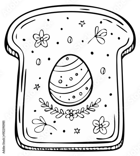 Hand-drawn Easter egg on toast illustration with floral and star decorations