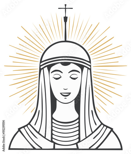 Line art illustration of a peaceful Madonna radiating light with a cross emblem against a bright halo conveying faith and devotion