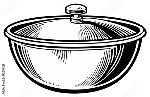 Classic black and white lidded serving bowl in vintage engraving style illustration for kitchen