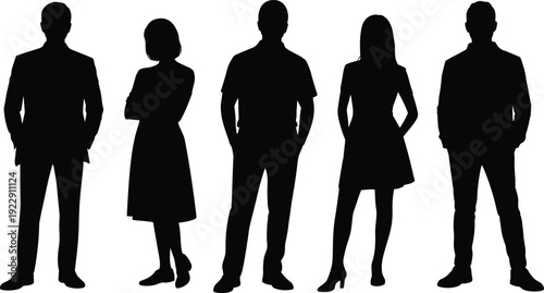 Silhouette group of professionals, business attire, teamwork, diversity, unity, confident poses, corporate concept, workplace collaboration, leadership, office design