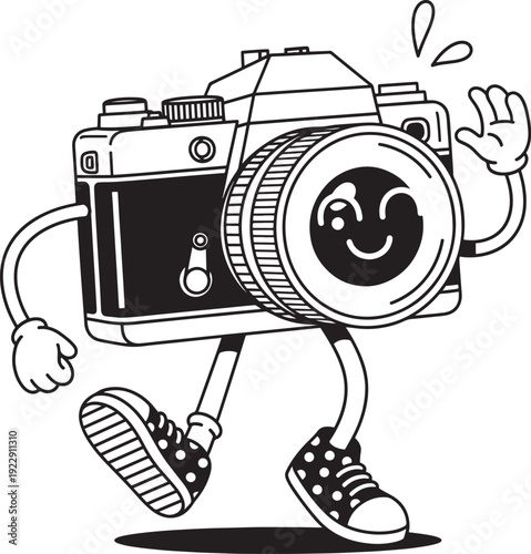 Happy Cartoon Camera Character Waving - Retro Animation Style Illustration for Photography