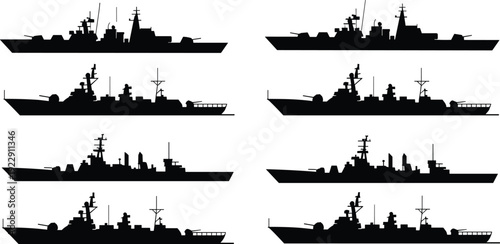 Silhouette naval warships, destroyers, cruisers, military vessels, radar masts, weapon systems, hull shapes, fleet design, maritime defense, naval illustration