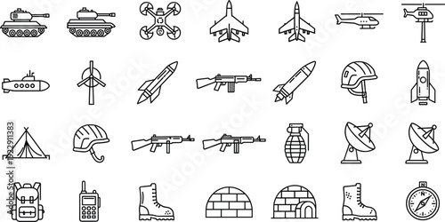 Military and Aviation Line Icon Set with Tanks Aircraft Helicopter Weapons Radar Helmet Tent and Equipment Outline Vector Illustration Collection Design