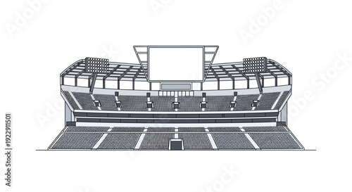 An outline illustration depicts a large sports stadium with empty grey seating tiers, prominent floodlights, and a blank scoreboard.