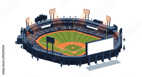 An isometric view presents a vibrant baseball stadium with a green field, brown dirt paths, and brightly illuminated seating tiers.