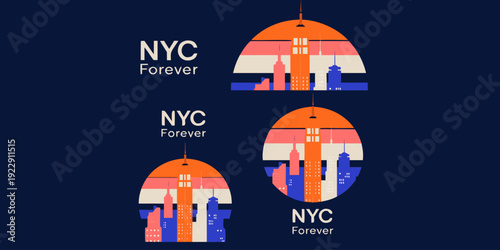 Set of cards Minimal layered SVG skyline of New York City with bold geometric Empire State silhouette, sunset gradient circle background, clean sans-serif “NYC Forever”, scalable vector, 5-color limit