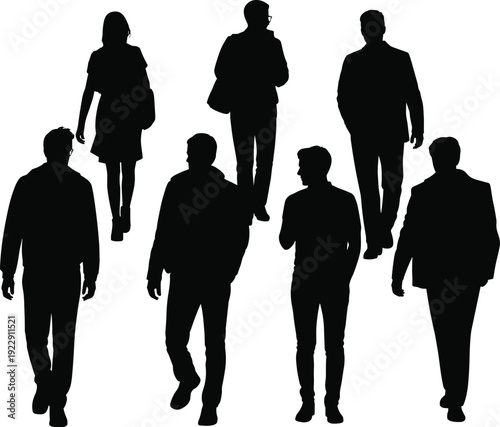 Silhouette people walking and standing, diverse attire, casual and formal clothing, human postures, movement, individuality, anonymity, group concept, design