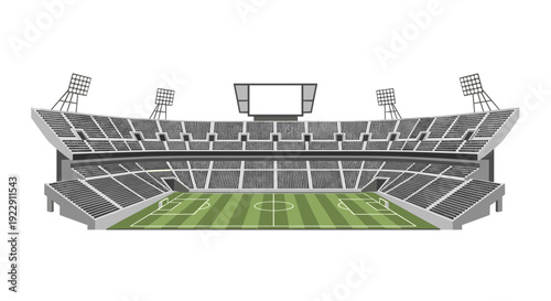 A wide-angle view of a detailed football stadium with a vibrant green grass field and numerous grey seating tiers.