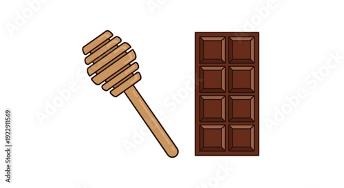 A light brown wooden honey dipper with a grooved head rests diagonally beside a dark chocolate bar divided into eight squares.