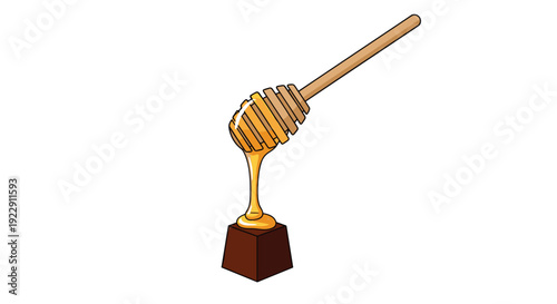 A wooden honey dipper is dripping golden, viscous honey onto a small, dark brown square block on a plain white background.