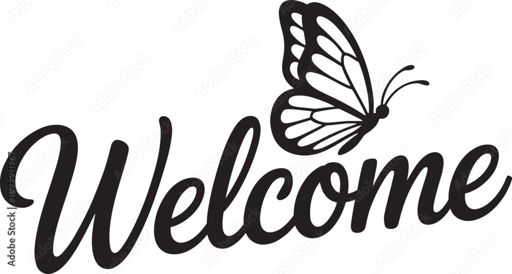 Fototapeta premium Elegant 'Welcome' Script with Butterfly Accent, Graceful Greeting