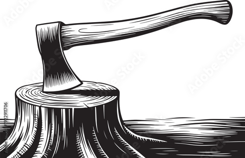 Sharp Axe Stuck in a Tree Stump, Symbolizing Logging or Woodcutting