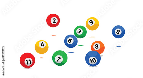 A dynamic arrangement of nine colorful billiard balls with various numbers is scattered across a pristine white background.