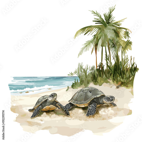 Hattes Beach - Turtle nesting. Hattes Beach - Turtle nesting hand drawn watercolor illustration