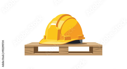 A solitary bright yellow construction hard hat with a smooth finish is positioned centrally on a light brown wooden pallet.