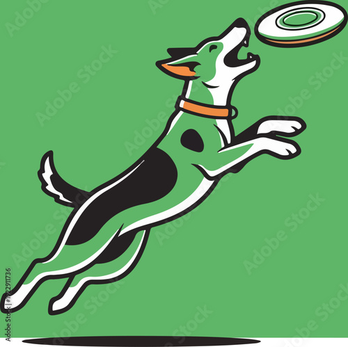 Dog leaping to catch a frisbee in mid-air, green background.