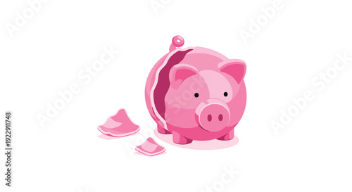 A light pink piggy bank is shown completely shattered, with several broken pieces scattered around its main body on a pristine white surface.