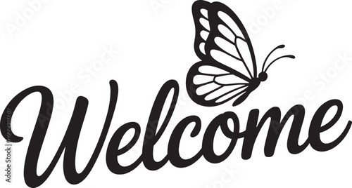Elegant 'Welcome' Script with Butterfly Accent, Graceful Greeting