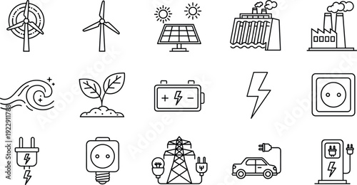 Renewable and conventional energy line icon set including wind turbines, solar panels, hydro dam, power plant, battery, plug and electric vehicle charging symbols
