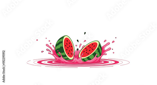 A single watermelon, freshly cut into two halves, is captured mid-splash into a vibrant pink liquid pool, sending droplets upwards.