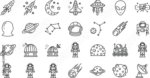 Set of line space icons featuring rockets, astronauts, planets, UFO, alien, constellations, observatory, rover, comet and satellite for science and astronomy design projects