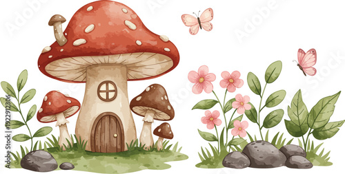 Whimsical mushroom house with butterflies and flowers in a magical garden setting