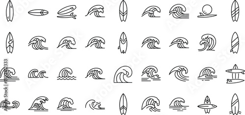 Surfing and ocean wave line icon set featuring surfboards, sea waves and beach elements in minimalist outline vector style collection