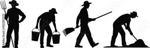 Farmer Silhouettes Set with Pitchfork, Buckets, Rake and Shovel Working Poses Isolated on White Background, Agriculture Worker Vector Collection
