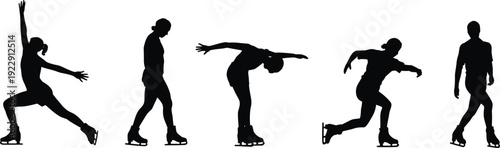 Figure Skating Silhouettes Collection with Male and Female Skaters Performing Jumps and Poses Isolated on White Background, Winter Sport Vector Set