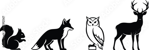 A collection of stylized silhouettes depicts a squirrel, fox, owl, and a large stag against a white background for graphic design use.